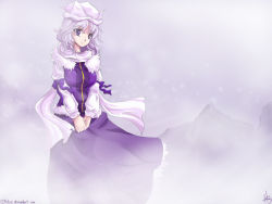 Rule 34 | 1girl, blue hair, bow, breasts, hat, image sample, letty whiterock, light purple hair, long sleeves, medium breasts, mob cap, own hands together, purple eyes, scarf, short hair, signature, skirt, smile, snowing, solo, touhou, venomousblaze, vest, white scarf