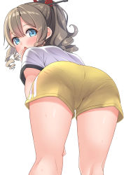 Rule 34 | 1girl, alternate costume, ass, ass focus, bent over, blue eyes, blush, breasts, brown hair, commentary request, drill hair, from behind, gym shirt, gym shorts, gym uniform, hair between eyes, hatakaze (kancolle), hekomii, highres, kantai collection, looking at viewer, looking back, open mouth, paid reward available, pantylines, ponytail, shirt, shorts, simple background, solo, white background