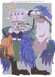 Rule 34 | 2girls, bag, bird, bird wings, black gloves, blonde hair, blue feathers, blue footwear, blush, boots, border, breath, character request, child, coat, dog girl, double bun, english text, feathers, gloves, gradient feathers, green feathers, hair bun, highres, holding, holding reins, looking to the side, monster, monster hunter (series), monster hunter wilds, multiple girls, open mouth, original, outside border, pantyhose, purple eyes, purple hair, reins, riding, riding animal, samansa (samansa ex), samansa ex, siblings, sisters, sleeping bag, snow, snowing, tabasa (samansa ex), talons, white border, white coat, white feathers, wings, winter, winter clothes