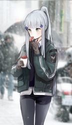 Rule 34 | 1girl, absurdres, agent 416 (girls&#039; frontline), blue hair, blue pants, brown gloves, eating, feet out of frame, food, girls&#039; frontline, gloves, green eyes, green jacket, highres, hk416 (girls&#039; frontline), holding, holding food, jacket, long hair, looking down, open clothes, open jacket, pants, pantyhose, ponytail, seorang, shirt, simple background, snowflake background, snowflakes, solo, standing, tom clancy&#039;s the division, white shirt