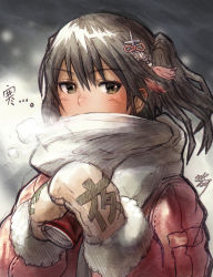 Rule 34 | 10s, 1girl, bad id, bad pixiv id, black hair, blush, breath, can, gibagiba, hair ornament, highres, kantai collection, mittens, scarf, sendai (kancolle), sendai kai ni (kancolle), short hair, signature, solo, two side up, upper body, winter clothes