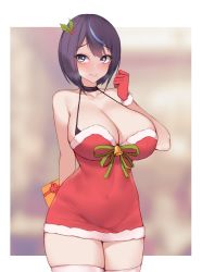 Rule 34 | 1girl, arm behind back, bikini, bikini top only, blue eyes, blurry, blurry background, blush, breasts, christmas, cleavage, covered navel, depth of field, dress, gift, gloves, halterneck, heart, heart-shaped pupils, heavy breathing, holding, holding behind back, impossible clothes, impossible dress, kuavera, large breasts, looking at viewer, miyako (kuavera), mole, mole under mouth, multicolored hair, original, outside border, purple hair, red gloves, santa costume, santa dress, short hair, solo, streaked hair, swimsuit, symbol-shaped pupils, thighhighs