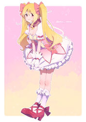 Rule 34 | 1girl, ankle ribbon, ankle strap, blonde hair, bobby socks, border, bow, breasts, bubble skirt, buttons, center frills, choker, cleavage, closed mouth, clothes tug, collarbone, cosplay, cross-laced footwear, doily, dorsiflexion, dot nose, dress, embarrassed, frilled skirt, frilled sleeves, frills, frown, full body, furrowed brow, gem, gloves, gradient background, hair between eyes, hair ribbon, highres, kaname madoka, kaname madoka (cosplay), kneehighs, large breasts, leg ribbon, legs together, magia record: mahou shoujo madoka magica gaiden, mahou shoujo madoka magica, mahou shoujo madoka magica (anime), mary janes, outline, paru rari, pink background, pink bow, pink choker, pink dress, pink ribbon, puffy short sleeves, puffy sleeves, red eyes, red footwear, red gemstone, red ribbon, ribbon, ribbon choker, shiny footwear, shiny skin, shoes, short sleeves, shy, sidelocks, sideways glance, simple background, skirt, socks, solo, soul gem, sparkle background, standing, sweatdrop, togame momoko, twintails, twitter username, two-tone dress, v arms, waist bow, wavy hair, wavy mouth, white border, white gloves, white outline, white skirt, white socks, yellow background