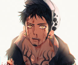 Rule 34 | 1boy, bin (binonep), black hair, black shirt, blood, blood from mouth, blood on face, collarbone, crying, highres, injury, male focus, one piece, open clothes, open mouth, open shirt, shirt, short hair, simple background, tears, torn clothes, torn sleeves, trafalgar law, upper body, white background, yellow eyes
