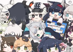 Rule 34 | !, 1other, 2boys, 6+girls, :3, :d, aak (arknights), ambiguous gender, animal ear fluff, animal ears, animal hands, arknights, black cape, black footwear, black gloves, black hair, black headwear, black jacket, blaze (arknights), blonde hair, blue eyes, boots, braid, brown background, cabbie hat, cameo, cape, cat ears, chibi, cliffheart (arknights), closed mouth, colored eyelashes, computer, cup, doctor (arknights), error message, fang, flower, folinic (arknights), fur-trimmed cape, fur trim, gloves, green eyes, green hair, grey eyes, grey hair, hair flower, hair ornament, hairband, hat, haze (arknights), hood, hood up, hooded jacket, jacket, jessica (arknights), kal&#039;tsit (arknights), laptop, leopard ears, long hair, lying, melantha (arknights), mini person, minigirl, mint (arknights), mousse (arknights), mug, multicolored hair, multiple boys, multiple girls, on side, one eye closed, open clothes, open jacket, open mouth, parted lips, paw gloves, phantom (arknights), ponytail, pramanix (arknights), purple eyes, purple hair, red hair, red hairband, rosmontis (arknights), schwarz (arknights), shirt, shoe soles, silverash (arknights), simple background, skyfire (arknights), smile, someyaya, spoken exclamation mark, streaked hair, sweat, swire (arknights), thick eyebrows, very long hair, white hair, white headwear, white jacket, white shirt, witch hat, yellow eyes