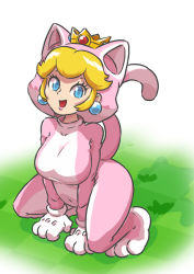 Rule 34 | 1girl, :d, absurdres, animal costume, animal ears, animal hands, arm support, blonde hair, blue eyes, breasts, cat costume, cat ears, cat tail, covered navel, crown, earrings, eyelashes, fake animal ears, full body, gloves, highres, jewelry, large breasts, lips, looking at viewer, mario (series), nintendo, open mouth, paguzirou, paw gloves, princess peach, smile, solo, squatting, super mario 3d world, tail, thighs, white background, white gloves