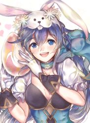 Rule 34 | 1girl, animal ears, blue eyes, blue hair, blush, egg, fake animal ears, fire emblem, fire emblem awakening, fire emblem heroes, leotard, long hair, looking at viewer, lucina (fire emblem), lucina (spring) (fire emblem), nintendo, no-shio, official alternate costume, open mouth, playboy bunny, rabbit ears, rabbit tail, simple background, smile, solo, tail, tiara