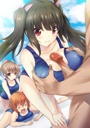 Rule 34 | &gt; &lt;, 1boy, 3girls, artist request, assisted stretching, audience, bent over, grabbing another&#039;s breast, breasts, brown eyes, brown hair, censored, cleavage, clothed female nude male, dare mo ore ga wakaranai nara tanetsuke shimakutte mo mondainai daro!, dutch angle, closed eyes, grabbing, hair ribbon, hetero, highres, jealous, large breasts, lens flare, long hair, mosaic censoring, multiple girls, nude, one-piece swimsuit, open mouth, paizuri, penis, ponytail, public indecency, red eyes, ribbon, school swimsuit, short hair, spread legs, stretching, swimsuit, time stop, twintails