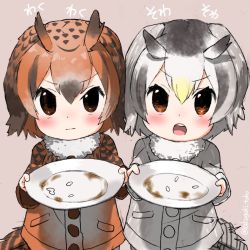 Rule 34 | 10s, 2girls, aged down, bird tail, bird wings, blonde hair, blush, brown hair, buttons, closed mouth, coat, commentary request, eurasian eagle owl (kemono friends), fur collar, kemono friends, long sleeves, multicolored hair, multiple girls, northern white-faced owl (kemono friends), open mouth, owl ears, plate, short hair, tail, turbo engine (rakugaki tabo), white hair, wings