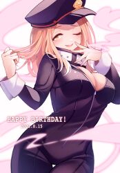 Rule 34 | 1girl, :d, black bodysuit, black hat, blonde hair, blush, bodysuit, boku no hero academia, breasts, brown eyes, chikuwa savy, cleavage, contrapposto, cowboy shot, dated, hands up, happy birthday, hat, highres, large breasts, long hair, long sleeves, looking at viewer, one eye closed, open mouth, peaked cap, shiny clothes, smile, solo, steam, thigh gap, utsushimi kemii