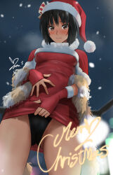 Rule 34 | 1girl, amagami, black hair, embarrassed, english text, hat, highres, merry christmas, nanasaki ai, one-piece swimsuit, presenting, revealing clothes, santa costume, santa hat, signature, snowing, solo, swimsuit, swimsuit under clothes, yoo tenchi