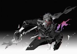 Rule 34 | 1boy, artist name, belt, black background, broken mask, cape, collared shirt, commentary, cropped legs, crossed bangs, delusion (genshin impact), fighting stance, genshin impact, gloves, glowing, glowing eye, gradient background, greyscale, hair between eyes, half gloves, highres, jacket, long sleeves, looking at viewer, male focus, mask, monochrome, one eye covered, pants, polearm, popped collar, red eyes, sakon04, shirt, short hair, simple background, sleeves rolled up, solo, spot color, stomach, symbol-only commentary, tartaglia (genshin impact), twitter username, v-shaped eyebrows, weapon, white background