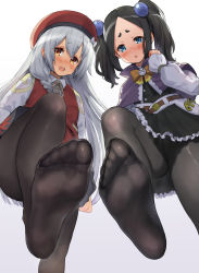 Rule 34 | 2girls, absurdres, black hair, blue eyes, blush, feet, futoku no guild, hat, highres, long hair, looking at viewer, maidena angers, multiple girls, open mouth, pantyhose, parted lips, red eyes, soles, toes, tokishikko dana, twintails