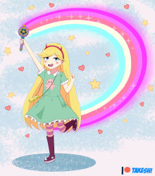 Rule 34 | 1girl, :d, absurdres, arms up, bag, blonde hair, blue eyes, boots, collared dress, demon horns, dress, full body, green dress, hairband, handbag, heart, heart cheeks, highres, horns, huge filesize, long hair, open mouth, pantyhose, rainbow, self-upload, shoulder bag, skirt, smile, solo, sparkle, standing, standing on one leg, star (symbol), star butterfly, star vs the forces of evil, striped clothes, striped legwear, striped pantyhose, takeshi~, teeth, wand