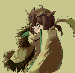 Rule 34 | 1girl, arknights, black-framed eyewear, brown background, brown coat, brown eyes, brown hair, brown scarf, brown theme, closed mouth, coat, commentary, expressionless, fur-trimmed coat, fur trim, glasses, haruichi (sazanami complex), high collar, looking ahead, owl ears, owl girl, profile, scarf, semi-rimless eyewear, short hair, silence (arknights), simple background, solo, symbol-only commentary, under-rim eyewear, upper body