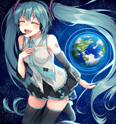Rule 34 | 1girl, :d, ^ ^, aqua hair, black thighhighs, closed eyes, detached sleeves, earth (planet), closed eyes, hatsune miku, headset, highres, long hair, necktie, open mouth, planet, pleated skirt, rinarisa, skirt, smile, solo, star (sky), thighhighs, twintails, vocaloid, zettai ryouiki