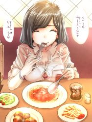 Rule 34 | 1girl, black hair, bra, bracelet, breast rest, breasts, cherry tomato, cleavage, eating, closed eyes, food, fork, french fries, glass, ice, ice cube, jewelry, noodles, original, pasta, plate, restaurant, school uniform, soda, solo, souryu, spaghetti, spoon, text focus, tomato, underwear