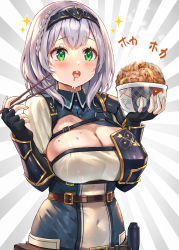 Rule 34 | 1girl, absurdres, armor, belt, belt pouch, black gloves, bowl, braid, breasts, brown belt, buck teeth, chopsticks, cleavage cutout, clothing cutout, collared dress, commentary, covered navel, dress, drooling, female knight, fingerless gloves, food, gloves, green eyes, grey background, gyuudon, hands up, headpiece, highres, holding, holding chopsticks, hololive, huge breasts, knight, medium hair, mikumo (lpmkookm), mole, mole on breast, open mouth, pouch, puffy sleeves, saliva, shiny skin, shirogane noel, shirogane noel (1st costume), silver hair, skindentation, solo, sparkle, steam, teeth, tongue, upper body, virtual youtuber, white background