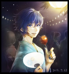 Rule 34 | 1boy, backlighting, blue eyes, blue hair, candy apple, food, hand fan, kaito (vocaloid), looking at viewer, male focus, matcha (higashiya0401), night, paper fan, smile, solo focus, traditional clothes, uchiwa, vocaloid