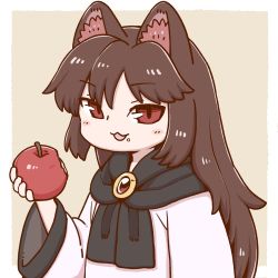 Rule 34 | 1girl, :3, :d, animal ears, apple, border, brooch, brown background, brown hair, eating, food, food on face, fruit, holding, holding food, holding fruit, imaizumi kagerou, jewelry, long hair, long sleeves, open mouth, poronegi, red eyes, simple background, smile, solo, touhou, upper body, white border, wide sleeves, wolf ears