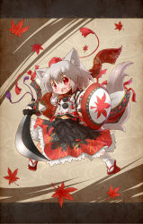 Rule 34 | 1girl, animal ears, arinu, blush, embellished costume, hat, highres, inubashiri momiji, leaf, maple leaf, navel, open mouth, red eyes, shield, solo, sword, tail, tokin hat, touhou, weapon, white hair, wolf ears, wolf tail