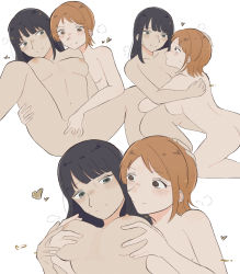 Rule 34 | 2girls, bad id, bad pixiv id, blush, breasts, chitotten, closed mouth, commentary request, completely nude, eye contact, fingering, hand on another&#039;s head, heart, highres, looking at another, multiple girls, nami (one piece), nico robin, nipples, nude, one piece, orange eyes, orange hair, short hair, split mouth, yuri