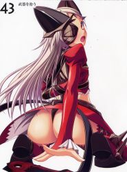 Rule 34 | 00s, 1girl, absurdres, aldra (queen&#039;s blade), aldra (queen's blade), ass, blush, eyepatch, highres, kantaka, long hair, looking back, queen&#039;s blade, queen aldra, silver hair, sitting, solo, thighhighs, yellow eyes