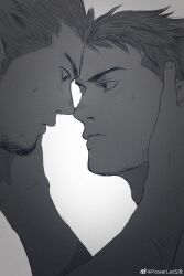 Rule 34 | 2boys, absurdres, arm hair, bara, bear, beard stubble, blush, eye contact, facial hair, forehead-to-forehead, greyscale, hand on another&#039;s face, heads together, highres, light blush, long sideburns, looking at another, male focus, monochrome, multiple boys, nervous sweating, nose blush, noses touching, nude, original, powerlesssong, short hair, sideburns, sideburns stubble, sparse stubble, stubble, sweat, upper body, v-shaped eyebrows