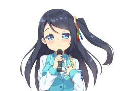 Rule 34 | 1girl, armband, black hair, blue vest, blush, highres, krt girls, long hair, long sleeves, one side up, parted bangs, simon creative tw, smile, vest, xiao qiong