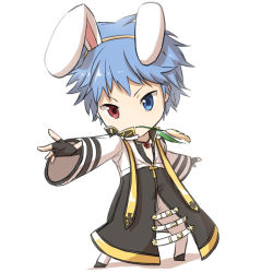 Rule 34 | 1boy, animal ears, arch bishop (ragnarok online), black coat, black footwear, black gloves, blue eyes, blue hair, cattail, chibi, closed mouth, coat, commentary request, cropped jacket, cross, cross necklace, fake animal ears, fingerless gloves, full body, gloves, hairband, heterochromia, jacket, jewelry, long sleeves, looking at viewer, male focus, mouth hold, natsuya (kuttuki), necklace, outstretched hand, pants, plant, rabbit ears, ragnarok online, red eyes, shoes, short hair, simple background, solo, stalk in mouth, standing, white background, white jacket, white pants, yellow hairband
