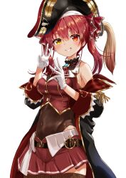 Rule 34 | 1girl, absurdres, gloves, hat, highres, hololive, houshou marine, lingmu, looking at viewer, red eyes, red hair, simple background, smile, solo, standing, virtual youtuber, white gloves, yellow eyes