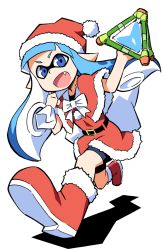 Rule 34 | 1girl, anbe masahiro, belt, bike shorts, blue eyes, blue hair, boots, capelet, christmas, dress, fangs, full body, hat, inkling, inkling girl, inkling player character, long hair, looking at viewer, matching hair/eyes, nintendo, open mouth, pointy ears, red dress, red footwear, red hat, ribbon, running, sack, santa boots, santa costume, santa hat, shadow, shoe soles, simple background, skirt, smile, solo, splatoon (series), splatoon 1, tentacle hair, twitter, white background, white ribbon