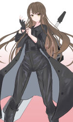 Rule 34 | 1girl, absurdres, adjusting clothes, adjusting gloves, assault lily, black bow, black bowtie, black coat, black footwear, black gloves, black pants, black shirt, boots, bow, bowtie, brown hair, closed mouth, coat, commentary, feet out of frame, fingerless gloves, floating hair, gloves, gradient background, greatsword, hands up, high-waist pants, highres, izumi rosa rina, knee boots, long hair, long sleeves, looking at viewer, obelisk3, open clothes, open coat, pants, pink background, planted, planted sword, planted weapon, shirt, sidelocks, single fingerless glove, smile, solo, standing, sword, underbust, very long hair, weapon, white background