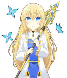 Rule 34 | 1girl, absurdres, bad id, bad pixiv id, blonde hair, blue eyes, blush, breasts, bug, butterfly, commentary request, gkdnd, goblin slayer!, hair between eyes, highres, holding, holding staff, insect, long hair, long sleeves, medium breasts, priestess (goblin slayer!), simple background, smile, solo, staff, white background
