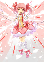 Rule 34 | 10s, 1girl, absurdres, bow, bow (weapon), bubble skirt, choker, dress, gloves, hair bow, hairband, highres, kaname madoka, looking at viewer, magical girl, mahou shoujo madoka magica, mahou shoujo madoka magica (anime), mushiboy, open mouth, outstretched hand, pink eyes, pink hair, puffy sleeves, ribbon, short twintails, skirt, solo, soul gem, twintails, weapon, white gloves, white legwear