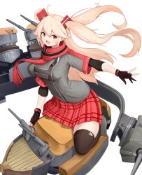 Rule 34 | 1girl, absurdres, ahoge, azur lane, black thighhighs, blonde hair, bluecher (azur lane), cannon, cross, facing viewer, fang, fingerless gloves, gloves, highres, kesseil, long hair, looking at viewer, miniskirt, multicolored clothes, multicolored scarf, plaid, plaid skirt, pleated skirt, riding, rigging, scarf, simple background, skin fang, skirt, smile, solo, thighhighs, two side up, white background, zettai ryouiki