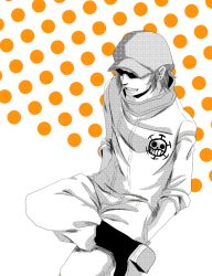 Rule 34 | 1boy, color background, hat, heart pirates, ibumomo823, jolly roger, jumpsuit, male focus, monochrome, one piece, pirate, pixiv sample, polka dot, polka dot background, shachi (one piece), sitting, solo, sunglasses