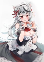 Rule 34 | 1girl, alternate costume, animal ear fluff, animal ears, apron, arm garter, black dress, blush, bow, bowtie, breasts, cat ears, cleavage, corset, detached collar, dress, enmaided, grey hair, hair ornament, hairclip, hands up, heart, heart hands, hololive, large breasts, long hair, maid, maid apron, maid headdress, multicolored hair, open mouth, red eyes, sakamata chloe, sleeveless, sleeveless dress, smile, solo, streaked hair, sunano reona, virtual youtuber, wrist cuffs, x hair ornament