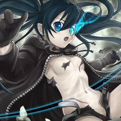 Rule 34 | 10s, 1girl, bad id, bad pixiv id, belt, black rock shooter, black rock shooter (character), blue eyes, breasts, censored, censored nipples, convenient censoring, gloves, glowing, glowing eyes, hamoto, jacket, navel, no panties, open clothes, open fly, open shorts, pussy, pussy peek, scar, shorts, small breasts, solo, topless, twintails, unzipped