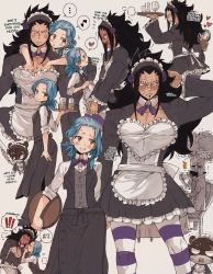 Rule 34 | ..., 1girl, 2boys, alternate costume, angel wings, apron, apron lift, bad id, bad pixiv id, black hair, blue hair, blush, brown eyes, closed mouth, clothes lift, collared shirt, comic, crossdressing, cup, curly hair, detached collar, dress, dress shirt, embarrassed, english text, enmaided, fairy tail, feathered wings, flower, frilled apron, frilled dress, frills, gajeel redfox, grabbing, grabbing another&#039;s breast, grey dress, grey pants, hair flower, hair ornament, hand in own hair, head tilt, heart, highres, holding, holding cup, holding plate, levy mcgarden, long hair, long sleeves, looking away, maid, maid headdress, medium hair, multiple boys, musical note, pantherlily, pants, pantyhose, plate, pleated dress, purple flower, purple neckwear, rusky, shirt, short dress, sitting, striped clothes, striped pantyhose, sweatdrop, variations, very long hair, warrod sequen, white apron, white shirt, white wings, wing collar, wings