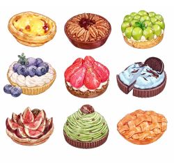Rule 34 | apple, artist request, blueberry, blueberry tart, cake, cookie, egg tart, fig, food, food focus, fruit, fruit tart, grapes, no humans, oreo, pastry, pecan, pie, still life, strawberry, strawberry tart, tart (food)