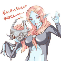 Rule 34 | 1girl, breasts, dual persona, fang, front ponytail, microspace, midna, midna (true), nintendo, orange hair, pointy ears, red eyes, solo, spoilers, the legend of zelda, the legend of zelda: twilight princess, translation request, waving
