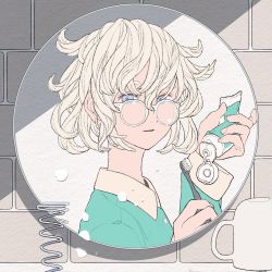 Rule 34 | 1girl, blue eyes, brick wall, cup, foam, from side, glasses, hair between eyes, hair flaps, hands up, highres, holding, holding toothbrush, long sleeves, looking at viewer, looking to the side, messy hair, mirror, morning, mug, original, pajamas, portrait, pov, reflection, short hair, sikikazuto, solo, toothbrush, toothpaste, white-framed eyewear, white hair