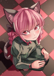 Rule 34 | 1girl, :3, absurdres, animal ears, black nails, bow, braid, cat ears, dress, extra ears, eyes visible through hair, floor, foreshortening, from above, green dress, hair bow, highres, indoors, kaenbyou rin, looking at viewer, mahoro (minase mahoro), nail polish, nekomata, on floor, perspective, red eyes, red hair, solo, tile floor, tiles, toenail polish, toenails, touhou, twin braids