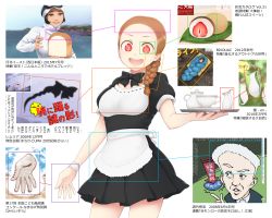 Rule 34 | 1girl, :d, apron, bow, bowtie, braid, commentary request, cup, daifuku, derivative work, food, goggles, goggles on head, ichigo daifuku, maid, open mouth, original, red eyes, simple background, single braid, sleeping bag, smile, solo, teacup, tray, wagashi, waitress, white background, yajirushi (chanoma)