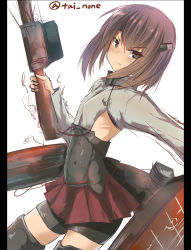 Rule 34 | &gt;:|, 10s, 1girl, :|, absurdres, bike shorts, bow (weapon), brown eyes, brown hair, crossbow, flat chest, headband, headgear, highres, kantai collection, looking at viewer, looking to the side, mecha musume, pleated skirt, short hair, simple background, sketch, skirt, solo, tai (nazutai), taihou (kancolle), twitter username, v-shaped eyebrows, weapon, white background