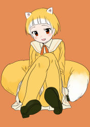 Rule 34 | 10s, 1girl, bad id, bad tumblr id, blonde hair, bow, bowtie, fang, japanese marten (kemono friends), kemono friends, marten ears, marten tail, momosuke (ishakry), multicolored hair, open mouth, orange background, pantyhose, red eyes, short hair, simple background, sitting, solo, two-tone hair, white hair