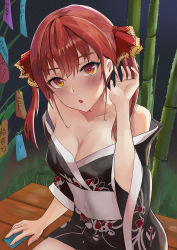 Rule 34 | 1girl, alternate costume, alternate eye color, bad id, bad pixiv id, bamboo, bare shoulders, black kimono, blush, breasts, cherre, cleavage, collarbone, commentary, hair between eyes, hair ribbon, hand in own hair, highres, hololive, houshou marine, japanese clothes, kimono, looking at viewer, medium breasts, medium hair, off shoulder, open mouth, red eyes, red hair, ribbon, sitting, solo, tanabata, translated, twintails, virtual youtuber