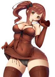 Rule 34 | 10s, 1girl, bad id, bad pixiv id, bare shoulders, between breasts, black bow, black panties, blush, bottle, bow, breasts, brown dress, brown gloves, brown hair, brown thighhighs, cameltoe, chocolate, chocolate on body, chocolate on breasts, chocolate on clothes, cleavage, clothes lift, covered navel, cowboy shot, curvy, dress, dress lift, dripping, elbow gloves, fay (fay axl), food on body, frills, gloves, gluteal fold, hair bow, halterneck, highres, idolmaster, idolmaster cinderella girls, igarashi kyoko, licking, lifted by self, long hair, looking at viewer, medium breasts, microdress, panties, revision, see-through, sexually suggestive, side ponytail, sidelocks, simple background, skin tight, skindentation, skirt basket, solo, thighhighs, tongue, tongue out, underwear, valentine, white background, wide hips, yellow eyes