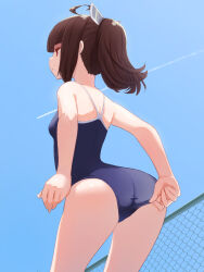 Rule 34 | 1girl, adjusting clothes, adjusting swimsuit, ahoge, arched back, arm at side, ass, bare arms, bare shoulders, blue one-piece swimsuit, blue sky, blunt bangs, breasts, brown hair, chain-link fence, clothes pull, cowboy shot, day, expressionless, fence, from behind, from below, hakushi (empty blanc), headgear, highres, looking ahead, medium hair, one-piece swimsuit, one-piece swimsuit pull, outdoors, ponytail, pulling own clothes, red eyes, school swimsuit, sidelocks, sky, small breasts, solo, swimsuit, touhoku kiritan, voiceroid